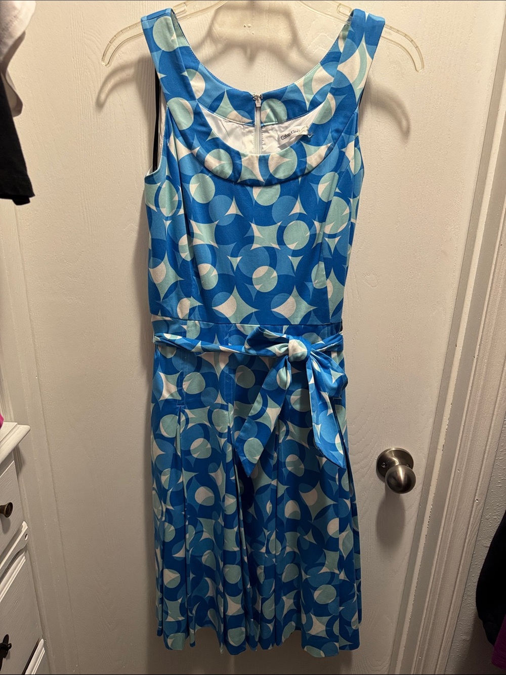 Calvin Klein Retro Blue Geometric Sleeveless Dress with Waist Tie